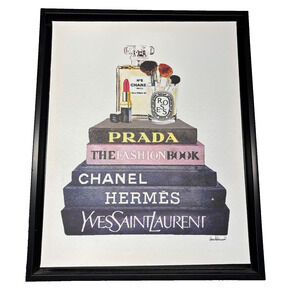 Amanda Greenwood Fashion Books Stack Framed Canvas Wall Art Chanel Prada YSL